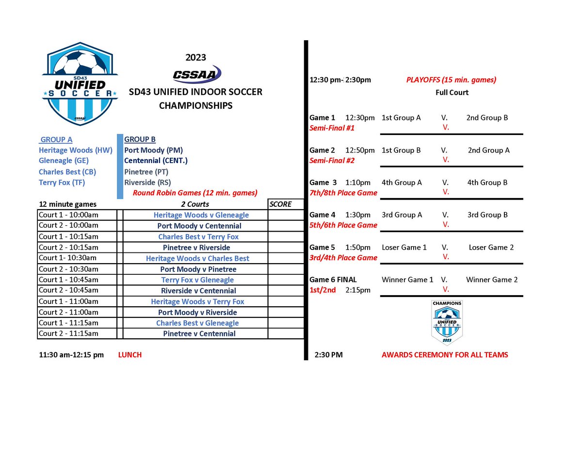 SD43 Unified Indoor Soccer Championships are happening tomorrow - Nov. 21 - at HWSS.
Full schedule below. 
Great opportunity to support our SD43 unified athletes. #KodiakPride #soccer ⚽️👏🏆