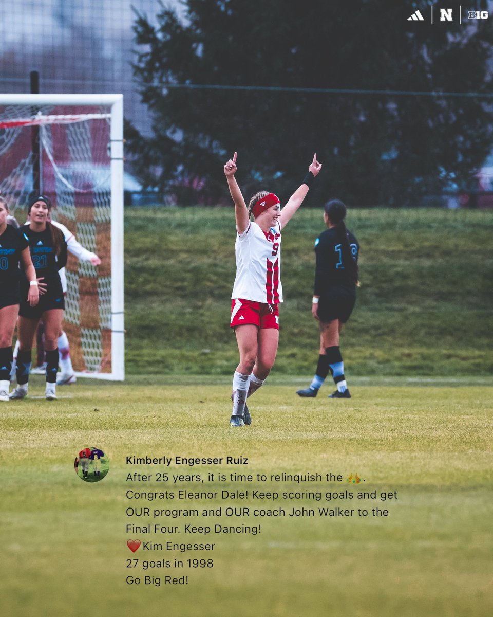 Nebraska Soccer (@huskersoccer) on Twitter photo From one Husker great to another. 🤝
28 | <a href="/EleanorDalex/">Eleanor Dale</a> (2023)
27 | Kimberly Engesser Ruiz (1998) From one Husker great to another. 🤝
28 | <a href="/EleanorDalex/">Eleanor Dale</a> (2023)
27 | Kimberly Engesser Ruiz (1998)