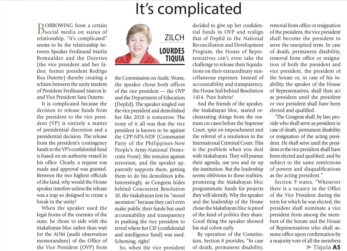maltiq's tweet photo. My column today in #ManilaTimes: “How can you impeach a VP who every time the President is out, thinks of the country? You think she will move and oust PBBM? There is only one, single thread that holds unity and that is between the two of them. She works as an OIC (officer in charge). She delivers for your President. She is there in the trenches while the king is out. The Filipino voters are not stupid. They can see. They can feel. And they know who is true to one’s mandate.”