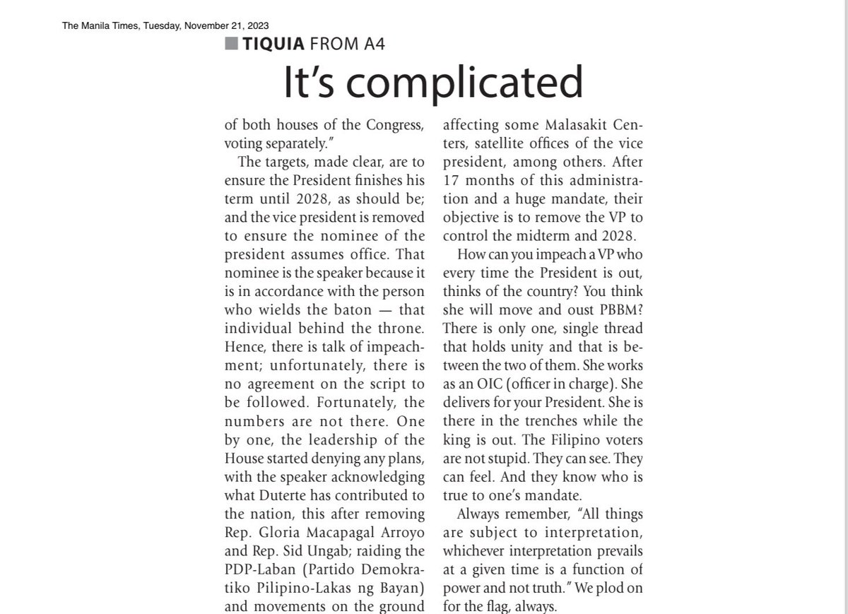 My column today in #ManilaTimes: “How can you impeach a VP who every time the President is out, thinks of the country? You think she will move and oust PBBM? There is only one, single thread that holds unity and that is between the two of them. She works as an OIC (officer in…