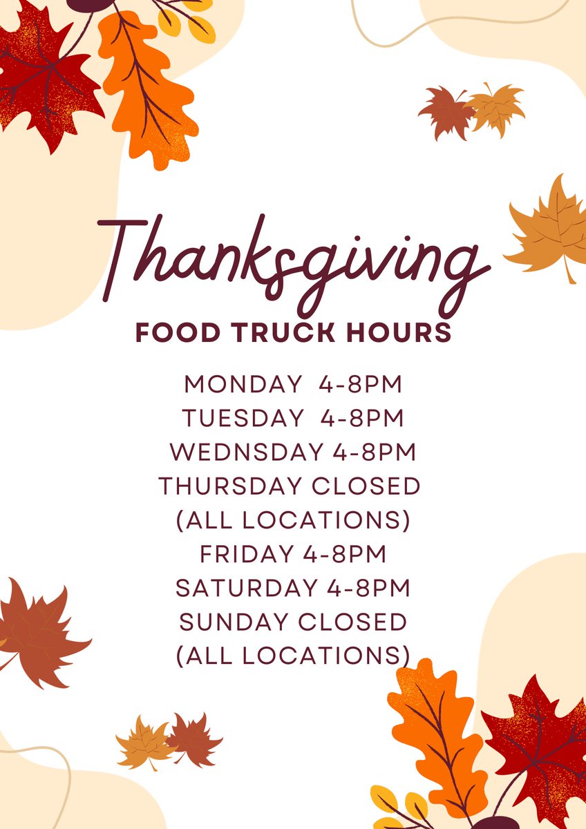 GroundEats's tweet photo. Both store locations and our food truck will be closed this Thursday for Thanksgiving and Sunday per usual! Our restaurants will be open regular hours and the food truck 4-8pm! Happy Thanksgiving 🦃🍂
#holidayhours #thanksgiving #franklinfood https://t.co/lQAw3ZU9DO