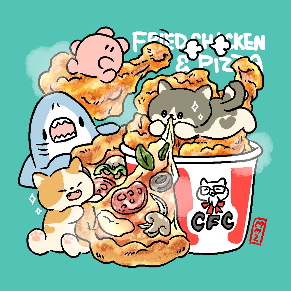 「チキンとピザどっちも食べたい #フライドチキンの日 昨日は #ピザの日 でした 」|サメとメンダコ🦈🐙namelessmm2のイラスト