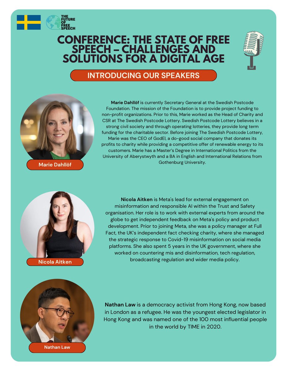 Our Stockholm conference, "The State of Free Speech: Challenges and Solutions for a Digital Age" is coming up on December 4th, 2023.

Check out more of our speaker introductions <a href="/nicola_ahe/">Nicola Aitken</a> <a href="/nathanlawkc/">Nathan Law 羅冠聰</a> #mariedahloff

For more info and registration:
futurefreespeech.com/conference-the…