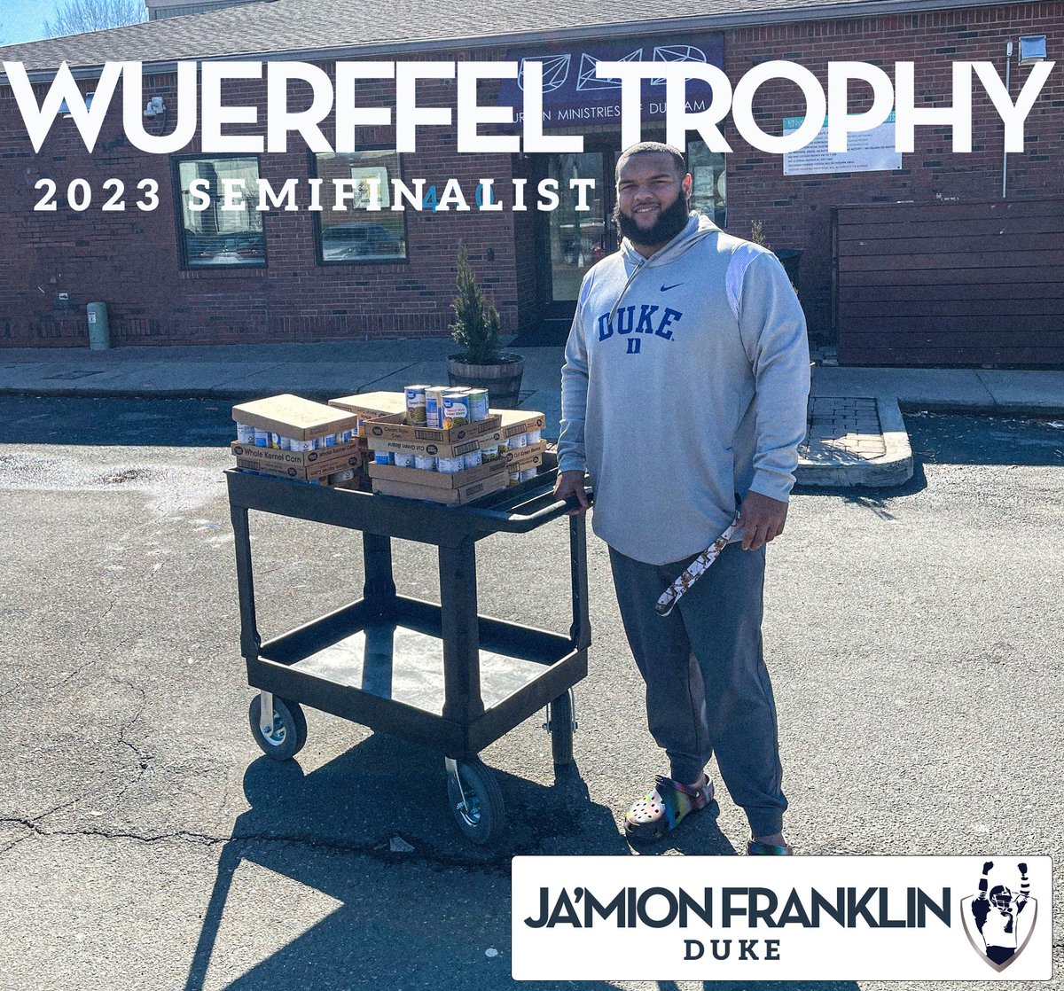 Allstate Wuerffel Trophy (@wuerffeltrophy) on Twitter photo 𝐖𝐮𝐞𝐫𝐟𝐟𝐞𝐥 𝐓𝐫𝐨𝐩𝐡𝐲 𝐒𝐞𝐦𝐢𝐟𝐢𝐧𝐚𝐥𝐢𝐬𝐭 - 𝐉𝐚'𝐌𝐢𝐨𝐧 𝐅𝐫𝐚𝐧𝐤𝐥𝐢𝐧 🏆
Congratulations to @dukefootball, <a href="/Jamion_Franklin/">Ja’Mion Franklin</a>! Ja'Mion helps combat food insecurity, collects names of possible stem cell donors & processes local donations.
#WuerffelTrophy #GoDuke 𝐖𝐮𝐞𝐫𝐟𝐟𝐞𝐥 𝐓𝐫𝐨𝐩𝐡𝐲 𝐒𝐞𝐦𝐢𝐟𝐢𝐧𝐚𝐥𝐢𝐬𝐭 - 𝐉𝐚'𝐌𝐢𝐨𝐧 𝐅𝐫𝐚𝐧𝐤𝐥𝐢𝐧 🏆
Congratulations to @dukefootball, <a href="/Jamion_Franklin/">Ja’Mion Franklin</a>! Ja'Mion helps combat food insecurity, collects names of possible stem cell donors & processes local donations.
#WuerffelTrophy #GoDuke