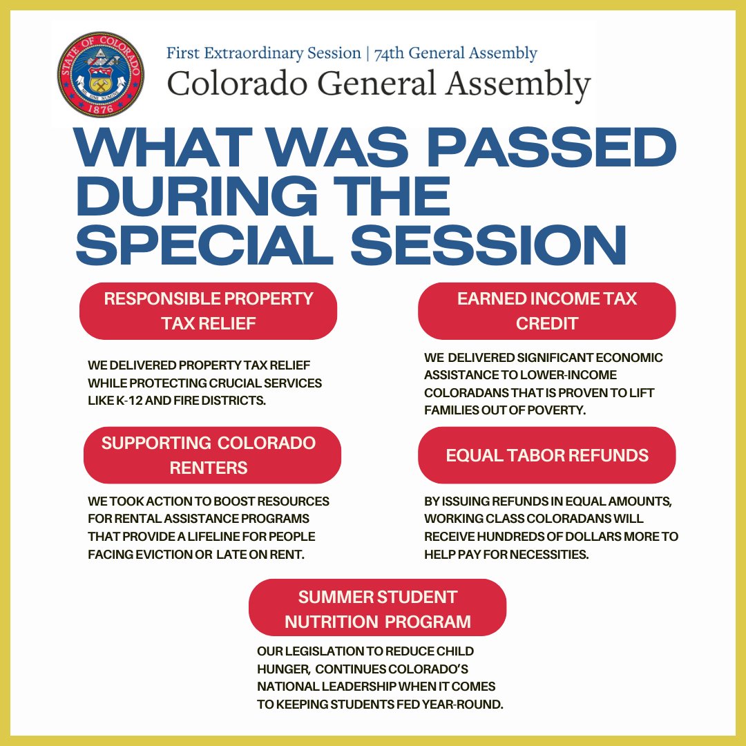 During this special session, we passed laws to provide as much relief as possible to the Coloradans who need it the most. Our bills cut property taxes and aid those who are most vulnerable to the rising cost of living – working families, renters, and folks on fixed incomes.