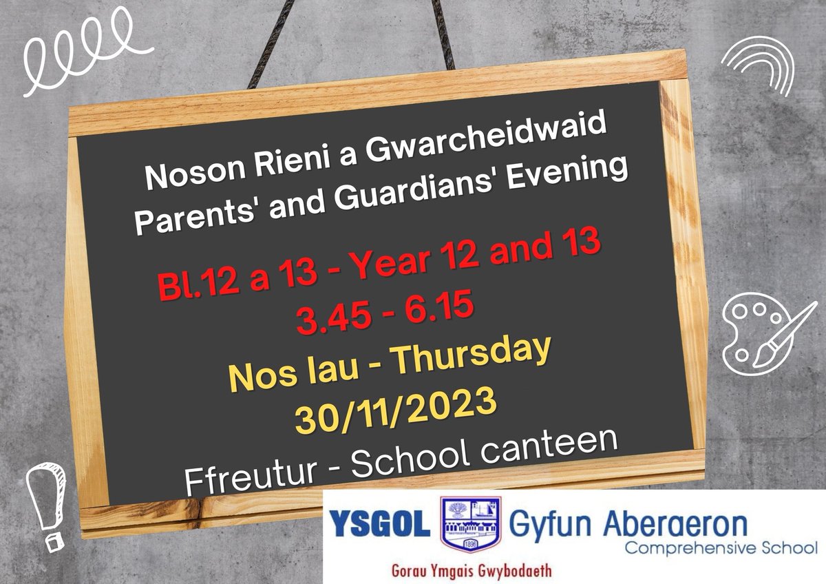 YGAberaeron's tweet photo. Edrychwn ymlaen at groesawu rhieni a gwarcheidwaid ein disgyblion Blwyddyn 12 a 13 i’r noson rhieni a gwarcheidwaid nos Iau 30ain o Dachwedd. Cynhelir y noson yn ffreutur yr ysgol rhwng 3.45 a 6.15yp. https://t.co/uiDm8UvOxs