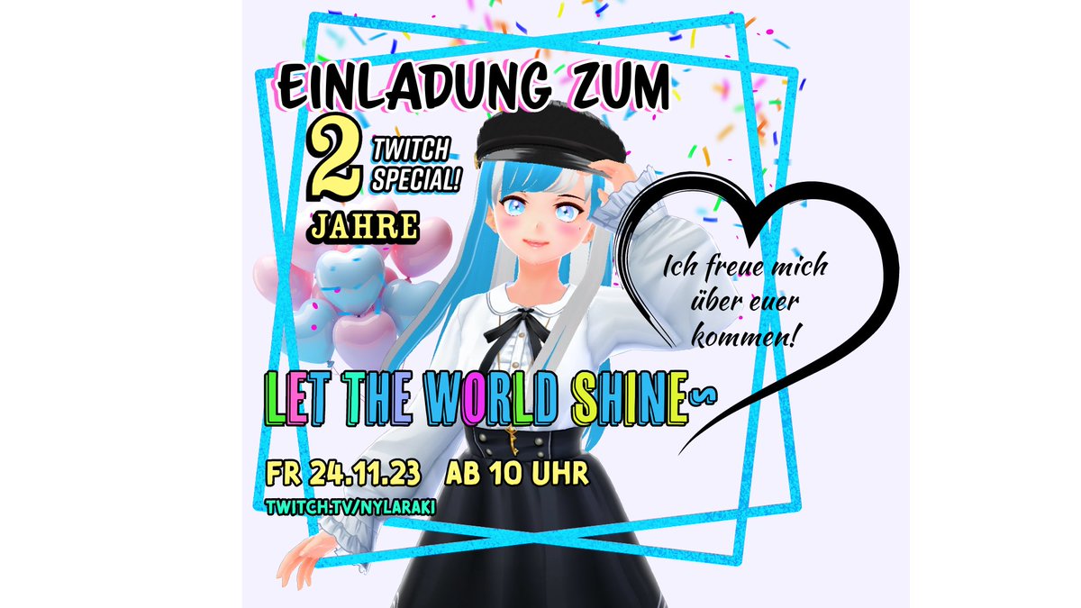 Nylaraki's tweet photo. 🍃Diesen Freitag um 10 🕙 feiern wir mein 2. Jähriges #Jubiläum als #Vtuber und #streamer ! :) 
🍀Einen ganzen halben Tag lang☀️
Ihr seid alle💜 eingeladen mit der Community und mir eine schöne und tolle Zeit zu haben! 💙☀️🍀🎉

#GerVtuber #streamergirl https://t.co/9p1b6n39gd