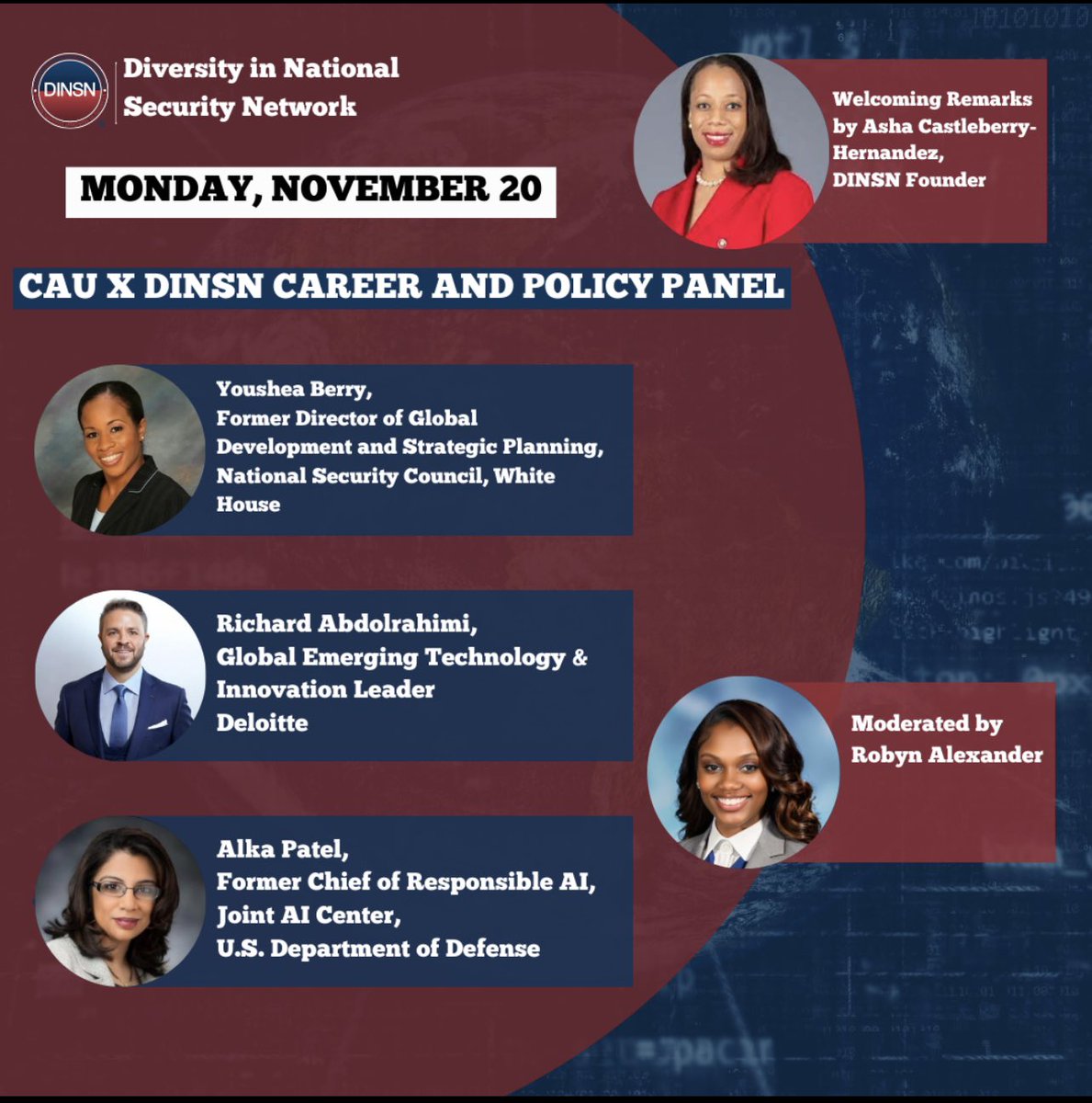 We are so excited to host a wonderful event with Clark Atlanta University!!! We will discuss Careers in U.S. National Security &amp; Foreign Affairs!!! DINSN is so pleased to have our honorees participate in the event. Please check out our panel. #CAU #ClarkAtlanta #CareersinNatSec