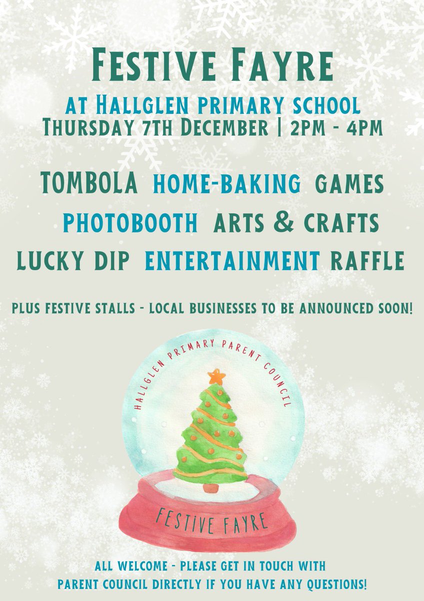 Hallglen Parent Council Festive Fayre will take place on Thursday 7th December, we hope to see you there #christmas #funforall #festivefayre