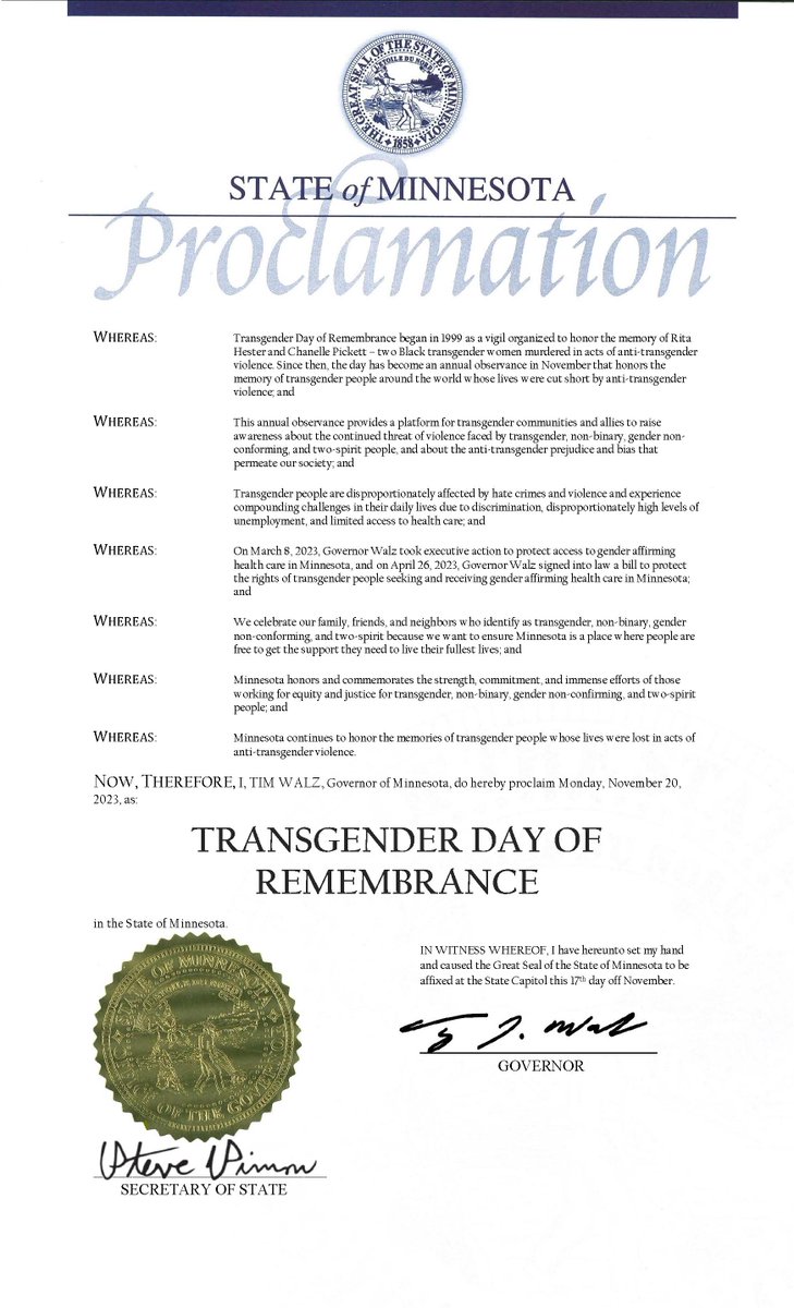 GovTimWalz's tweet photo. On Transgender Day of Remembrance, we’re reminded that the forces of hatred and bigotry are on the march in states across this country. But I’m very clear: In Minnesota, that march stops at our borders.

As Governor, I will continue to stand with you in this fight. https://t.co/1yr7RFIMWh