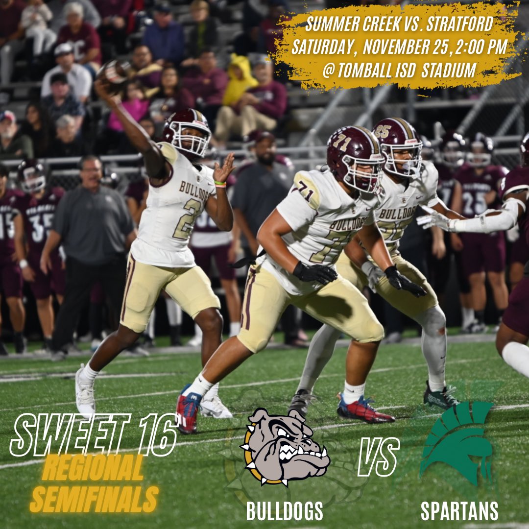🏈 SC Football Playoff Tickets! Regional Semifinals: Sweet 16
Summer Creek vs. Stratford HS
Saturday, Nov. 25, 2 PM at Tomball ISD Stadium. Go Bulldogs!!!

🎟️ Get your tickets at this link: events.ticketspicket.com/agency/ed44679…