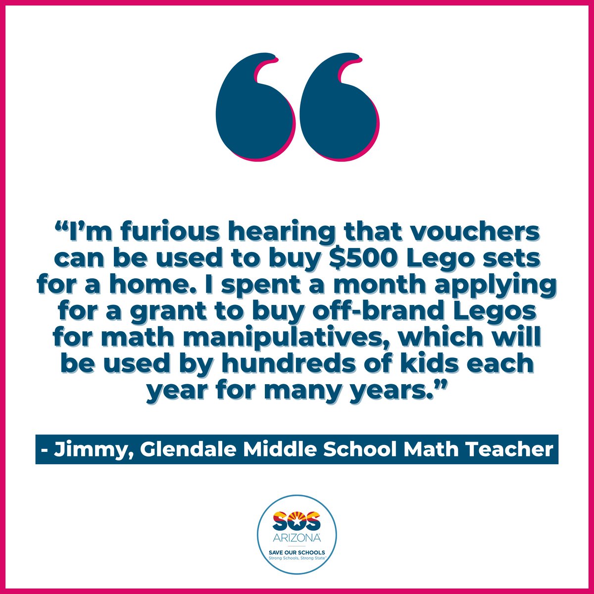 arizona_sos's tweet photo. 🗣️ Glendale Teacher Jimmy wants to know why ESA vouchers can be used to purchase $500 LEGOS for an individual family when he had to spend a month applying for a grant to get generic LEGOS for math manipulatives, which will be used by hundreds of kids year after year.
#VoucherScam https://t.co/U9Itb13idI