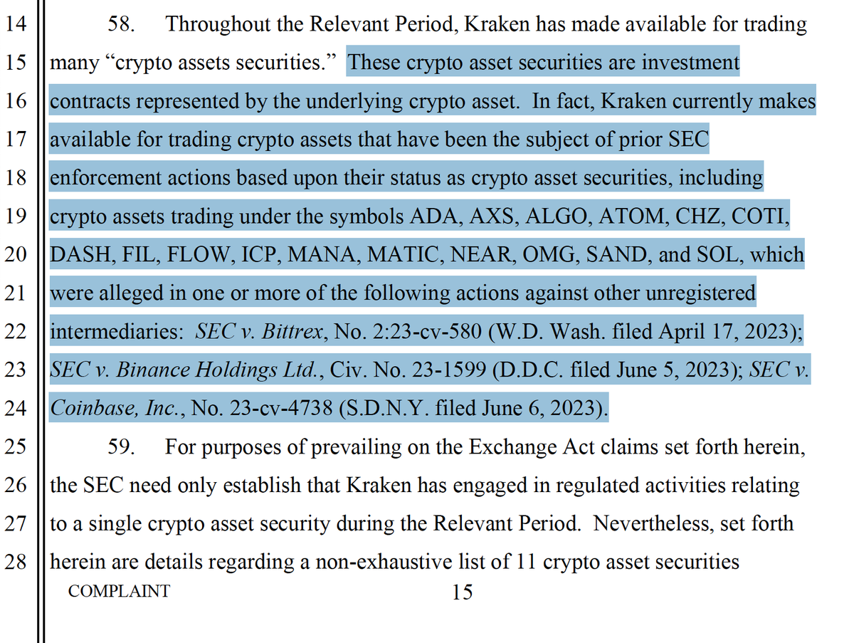 6/ Like Coinbase, the SEC alleges Kraken operated a platform where crypto  was sold as investment contracts Indeed, in a somewhat comical allegation,  the SEC notes that Kraken has supported tokens that