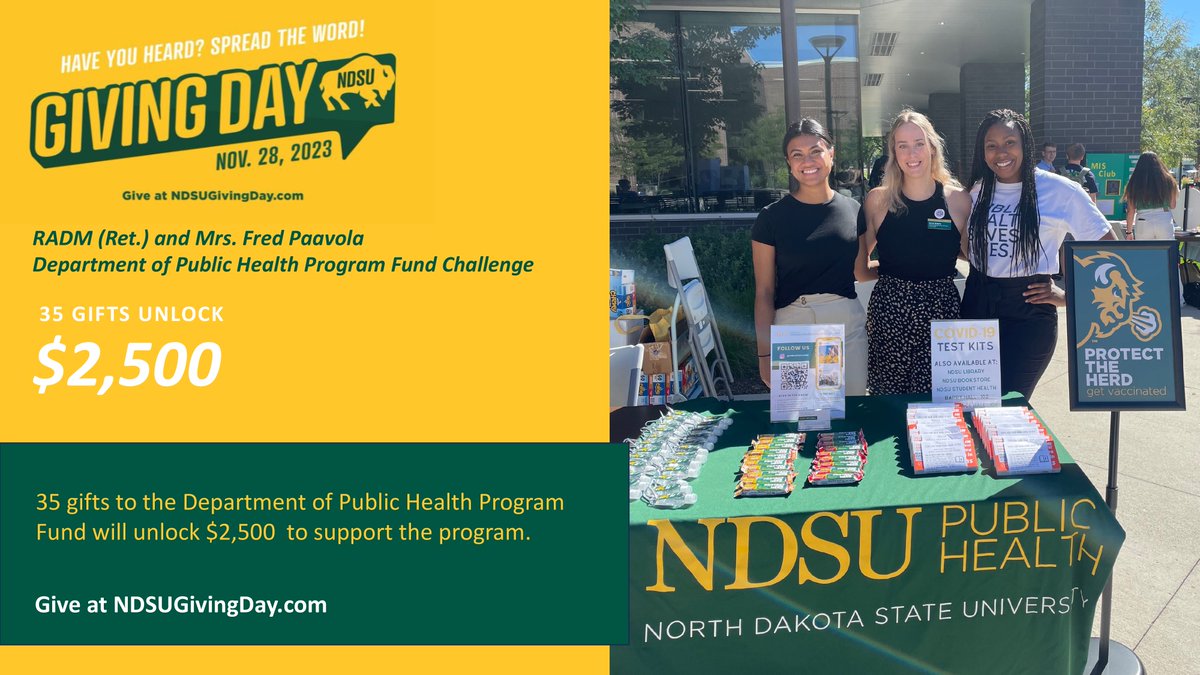 35. That’s how many gifts we’ll need on Tuesday, November 28 to meet this Public Health Challenge from RADM (Ret.) and Mrs. Fred Paavola on NDSU Giving Day. Could your gift be the one that unlocks another $2,500? Learn more at

bit.ly/3MsLyib #GiveTo #NDSU