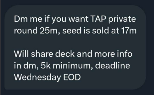 TracNetwork's tweet photo. WARNING: 

If you get TAP "seed investment" messages in your DMs, these are all fake. Nobody from the Trac/TAP team will ever contact you with such a proposal.

So the below is a scam. Please ignore. https://t.co/6upKMyESXs