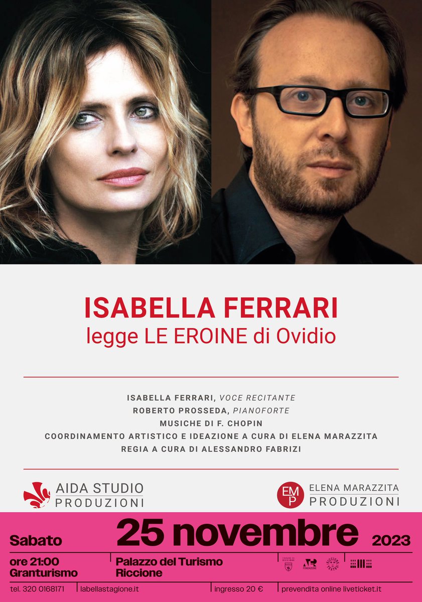 Giornata internazionale per l'eliminazione della violenza contro le donne • Isabella Ferrari legge Le eroine di Ovidio a #Riccione 

Sabato 25 novembre 2023 labellastagione.it/?p=7999