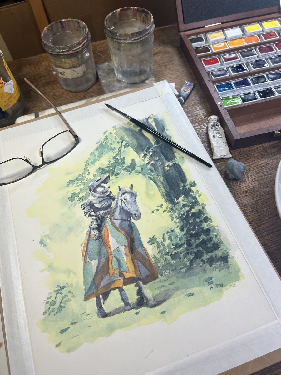 Done for today. Plan to continue tomorrow. #wip #badgerknight #knight #watercolorillustration #fantasyart #whimsicalanimals