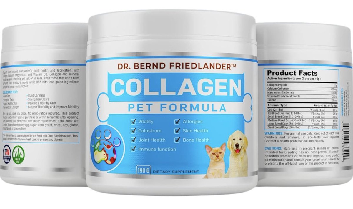 DBFriedlander's tweet photo. Just in time for the holidays. Get your pet the gift that will keep them going. 

🦮 #DrBerndFriedlander Pet Collagen 🐶

🏪 in bio (order today)

#PetCollagen | #PetHealth | #PetProducts | #JointHealth | #PuppyLove | #DogLovers | #PetCare https://t.co/GXDTru4xnD