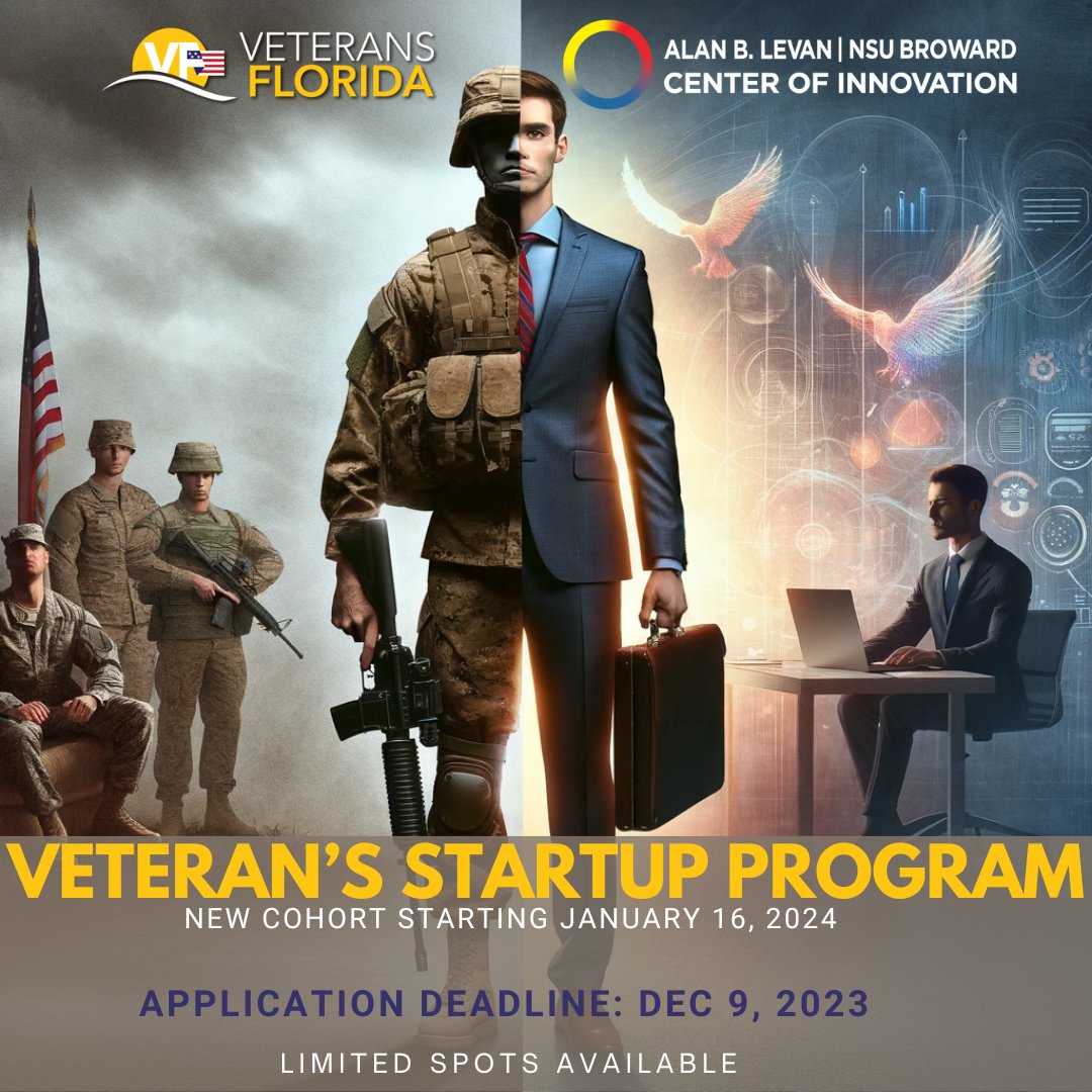 Veteran entrepreneurs, join our first-ever Startup Program with Veterans Florida! Starting Jan 16. Apply by Dec 9 to develop your tech idea. Sign up: [bit.ly/veteranstartup1] #VeteransInTech #StartupJourney