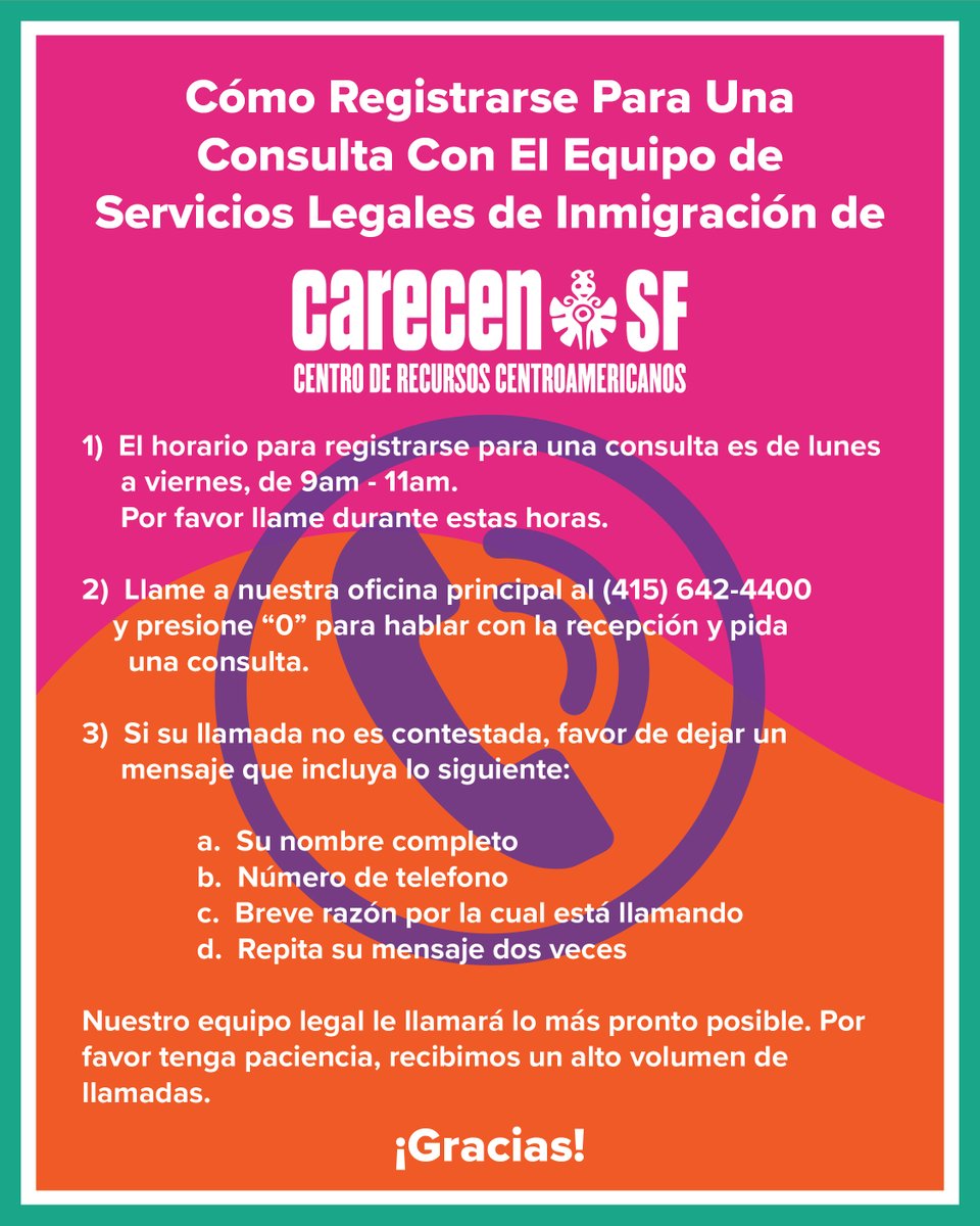 Comunidad, 
Debido a la alta demanda de nuestros servicios legales, les queremos informar acerca de nuestro proceso para registrarse para una consulta con nuestro equipo de Servicios Legales de Inmigración.

Por favor tome nota.
¡Muchas gracias!