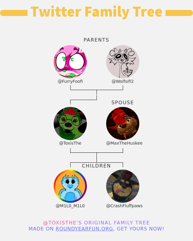 ToxisThe's tweet photo. 👨‍👩‍👧‍👦 My Twitter Family:
👫 Parents: @FurryFoofi @Wolfsifi2
👰 Spouse: @MaxTheHuskee
👶 Children: @M1L0_M1L0 @CrashFluffpaws

➡️ https://t.co/GMomgvTdh5 https://t.co/1nOPNqVll4
