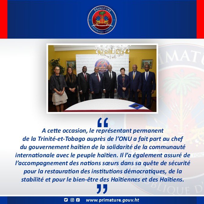 PrimatureHT's tweet photo. [1/2]

A cette occasion, le représentant permanent de la Trinité-et-Tobago auprès de l’ONU @UN a fait part au chef du gouvernement haïtien de la solidarité de la communauté internationale avec le peuple haïtien. https://t.co/69LRGErJLu