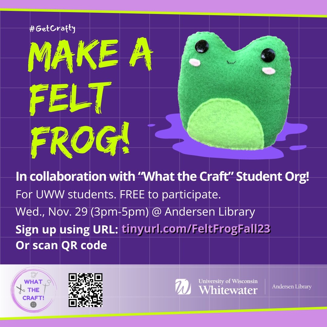 UWW_Library's tweet image. Make a felt frog to take home! 

- Wed., Nov. 29 (3pm-5pm)
- At the Andersen Library
- For UWW students 
- FREE

In collaboration with the "What the Craft" student organization. 

To participate, sign up here:
tinyurl.com/FeltFrogFall23

More info:
libcal.uww.edu/event/11590904