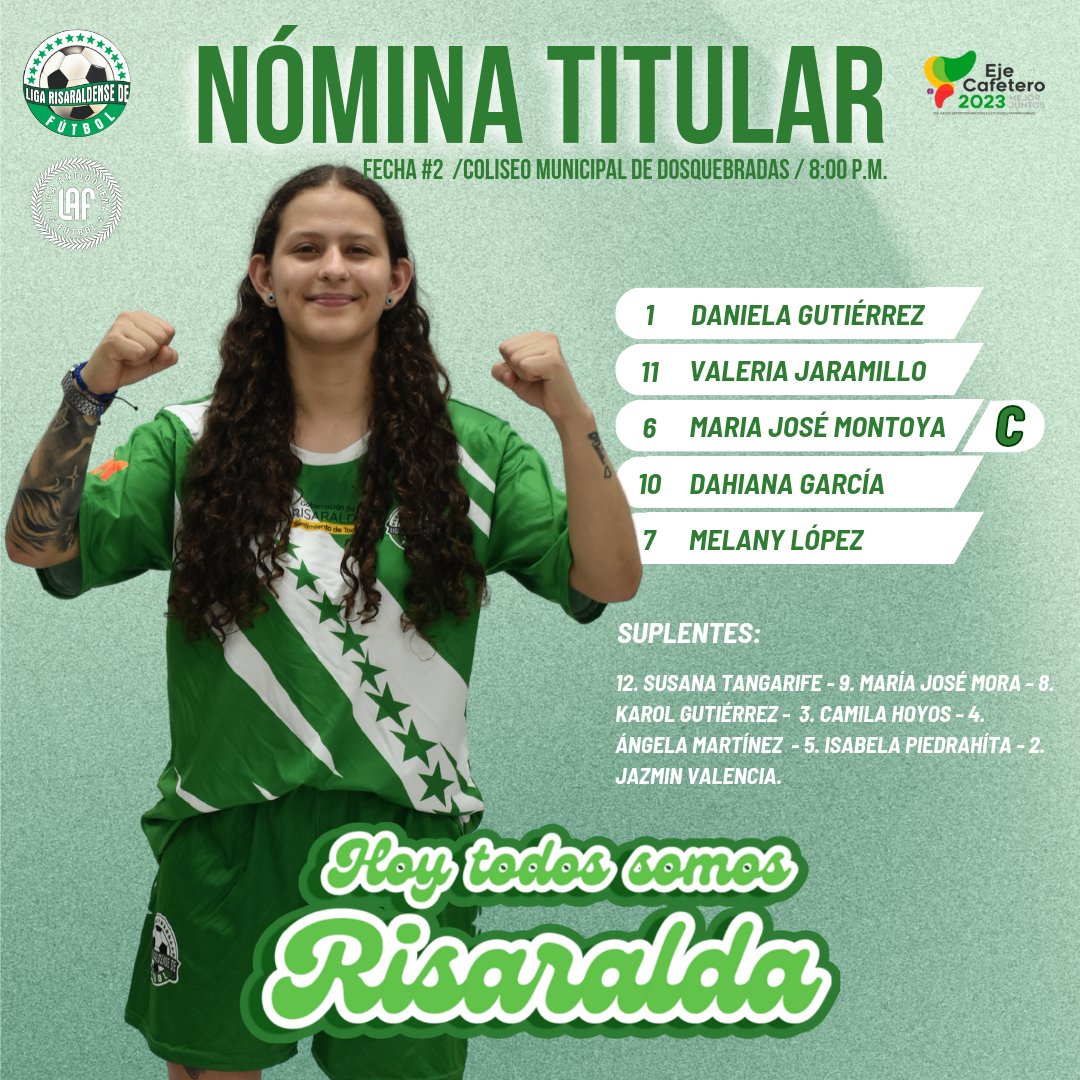 •Selección Risaralda de Fútbol Sala Femenino para Juegos Nacionales | Nómina Titular•

La DT María Fernanda López entrega la nómina de titulares para el partido 🆚 Selección Antioquia. 

#TodosSomosRisaralda