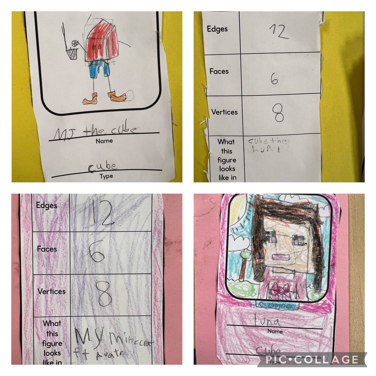 MsBaker_5's tweet photo. Students made 3D shape trading cards today, check out some of these masterpieces! 🖌️🌟 #ocsbMath @StGregoryOCSB https://t.co/1UI2lrpCOc