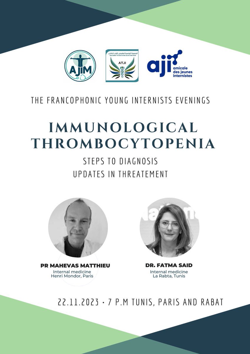 TAYInternists's tweet photo. 🚨It’s #FYIE time
We welcome you for an Immunological Thrombocytopenia 🩸 themed evening with Dr Fatma Said & @MahevasMatthieu on November 22nd 🗓️ at 7pm 🕖🇹🇳🇫🇷🇲🇦
Registration 🔗 https://t.co/8QtYYExZ03 https://t.co/qvJ4KqevGu