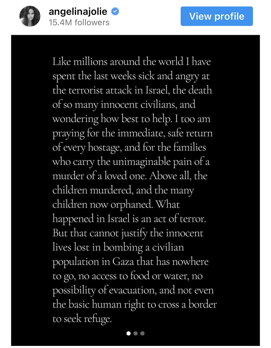 76,000 likes for a completely fake Angelina Jolie quote from Loupis today.

What she actually said about the terror attacks of October 7:

"Like millions around the world I have spent the last weeks sick and angry at the terrorist attack in Israel..."