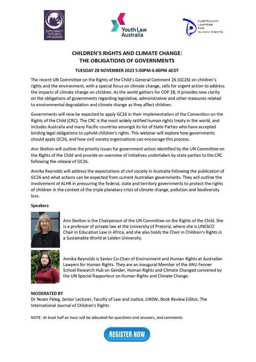 DiplomacyTrainingPro (@dtphumanrights) on Twitter photo WEBINAR: Children's Rights and #ClimateChange: The Obligations of Governments
Tues 28 Nov
5pm–6pm AEDT
Speakers: Prof Ann Skelton (Chair <a href="/UNChildRights1/">UNChildRights</a>) & Annika Reynolds (Senior Co-Chair of Environment and #HumanRights <a href="/AusLawyersHR/">Aus Law Human Rights</a>)
Register at: dtp.org.au/training/the-c… WEBINAR: Children's Rights and #ClimateChange: The Obligations of Governments
Tues 28 Nov
5pm–6pm AEDT
Speakers: Prof Ann Skelton (Chair <a href="/UNChildRights1/">UNChildRights</a>) & Annika Reynolds (Senior Co-Chair of Environment and #HumanRights <a href="/AusLawyersHR/">Aus Law Human Rights</a>)
Register at: dtp.org.au/training/the-c…