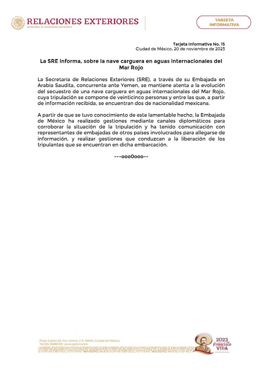 olivanoticias's tweet photo. 🛑 #ÚltimaHora La Secretaría de Relaciones Exteriores (@SRE_mx) informa sobre las acciones que realiza ante el secuestro de una nave carguera en aguas internacionales del Mar Rojo; hay tripulantes mexicanos.
#Nacional #OlivaNoticias #Multimedios https://t.co/MpJdZ6Wa4s
