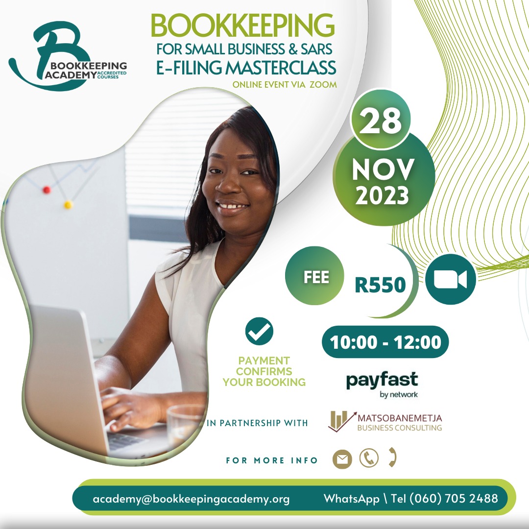 #AD 🛑UP COMING NOVEMBER MASTERCLASS🔸 ⬜ BOOKKEEPING for SMALL BUSINESS and SARS E-FILING MASTERCLASS🔸 ⬜📆TUESDAY- 28 NOVEMBER 2023🔸 ⬜🕕TIME - 10:00am - 12:PM🔸 ⬜📽️PLATFORM - ZOOM🔸 ⬜COST 💸- R550.00 per PERSON🔸 🔶EVENT DETAILS- facebook.com/events/s/bookk…🔸 ⬜TO…