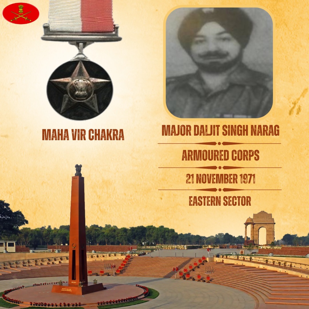 Major Daljit Singh Narag
Armoured Corps
21 Nov 1971
Eastern Sector

Major Daljit Singh Narag displayed indomitable courage, gallantry & exemplary leadership while blunting the ingress of the enemy during the Battle of Garibpur. Awarded #MahaVirChakra (Posthumous).

We pay our…