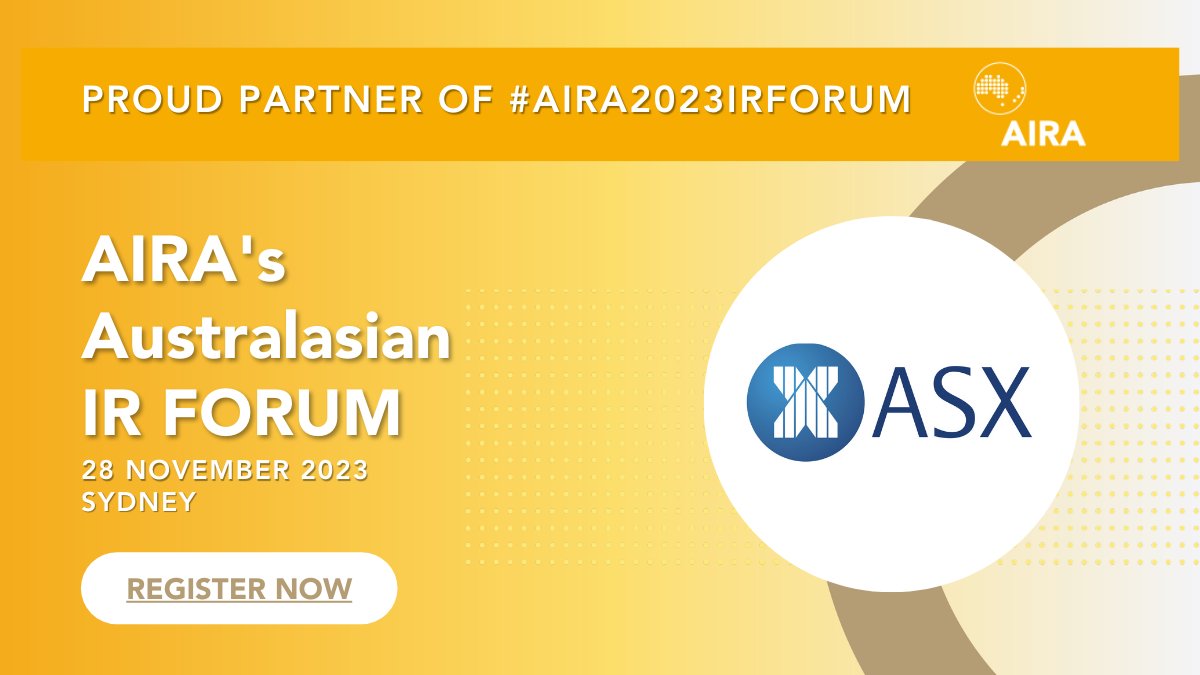ASX's tweet photo. @ASX is proud to sponsor @AIRAOfficial's #AIRA2023IRFORUM, on 28 November 2023.
Check out the full program and register today: https://t.co/tHCe3I63lE Hope to see you there!
#ListASX #InvestorRelations #AIRA #CapitalMarket #ASX https://t.co/6kjL1mQAgU