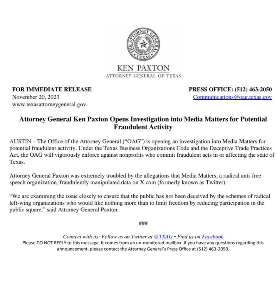 BREAKING: Texas Attorney General @KenPaxtonTX has opened an investigation into Media Matters for potential fraudulent activity
