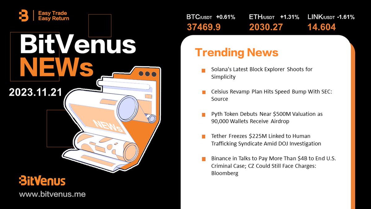 BVOX_global's tweet photo. BitVenus News
#BlockchainExplorer #SimplicityGoals #CelsiusRevamp #SEC #PythTokenDebut #Valuation #TetherFreeze #DOJInvestigation #BinanceTalks #LegalCase https://t.co/M8zaacPUzo