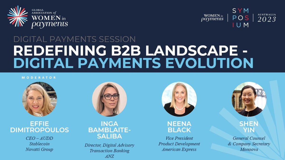 📣 Proud to share! Effie Dimitropoulous will moderate a panel at <a href="/WomeninPayments/">Women In Payments</a> Symposium Australia 2023! 📅 Nov 23, 1:45 PM |📍 Grand Hyatt, Melbourne
Explore digital payments and stablecoins with experts from <a href="/ANZ_AU/">ANZ Australia</a>, <a href="/AmericanExpress/">American Express</a> and @Monoova.  #WomeninPayments #Novatti