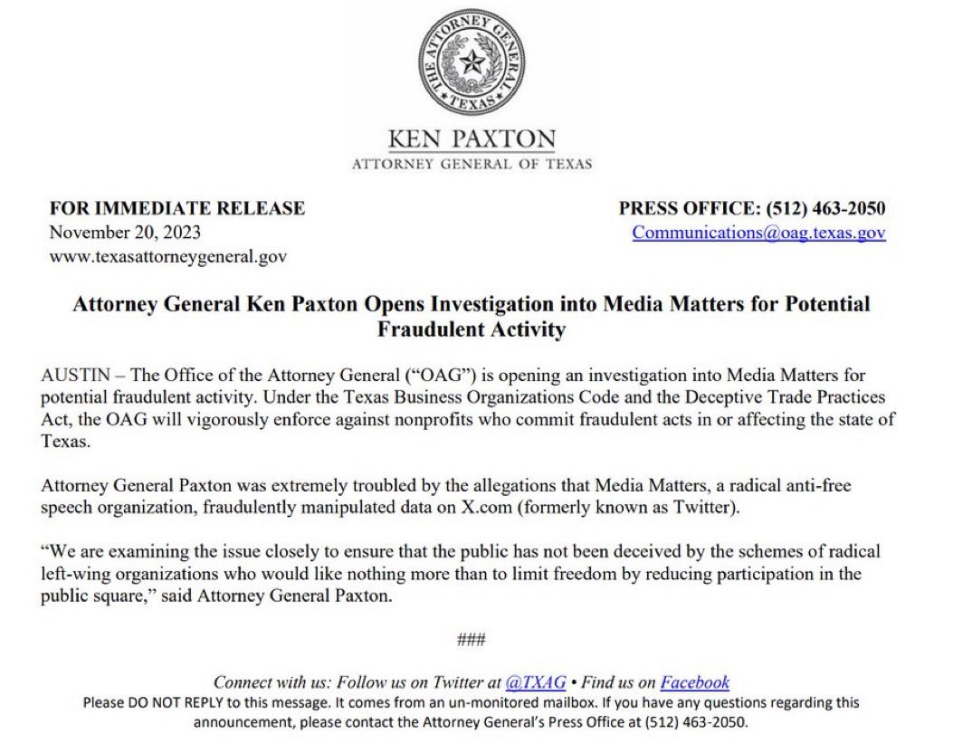 rawsalerts's tweet image. 🚨#BREAKING: Texas Attorney General has officially opened an investigation into Media Matters &quot;for potential fraudulent activity.&quot;