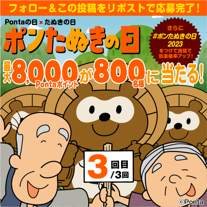 Ponta's tweet photo. 🍃これが最後のチャンス！🍃
＼第3⃣回 ポンたぬきの日／
 
合計8⃣0⃣0⃣名様に
最大8⃣,0⃣0⃣0⃣Pontaポイント当たる❗
フォロー&amp;リポストで応募完了❗
さらに #ポンたぬきの日2023 と投稿で当選確率UP⤴
 
✅応募方法
① @Ponta をフォロー
②このポストをRP ⏰11/28㊋ 23:59まで
 
#ポンタの日 #ポン活