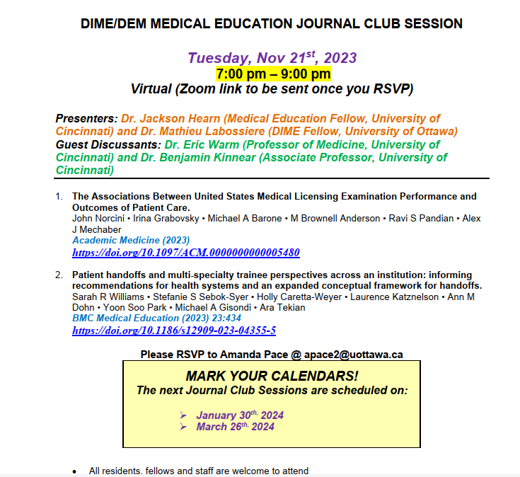 drjfrank's tweet photo. The @uOttawaMed @emergmedottawa Ottawa city-wide #meded journal club is tonight, with special guests from the #CincyCrew! 2 great papers, 2 smart #meded fellows, several controversies, and the wisdom of @CincyIM & @Midwest_MedPeds! What more could you want for a #meded evening? https://t.co/VPuErvkD0a