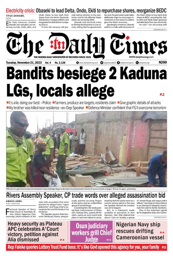 alpha1065fm's tweet photo. Newspaper 🗞️ #Headlines Tuesday 21st  Nov  2023:
#SportsUpdate #BreakingNews 
#NigerianNews
#OrieMarketDay

(2) https://t.co/u0thrblri3