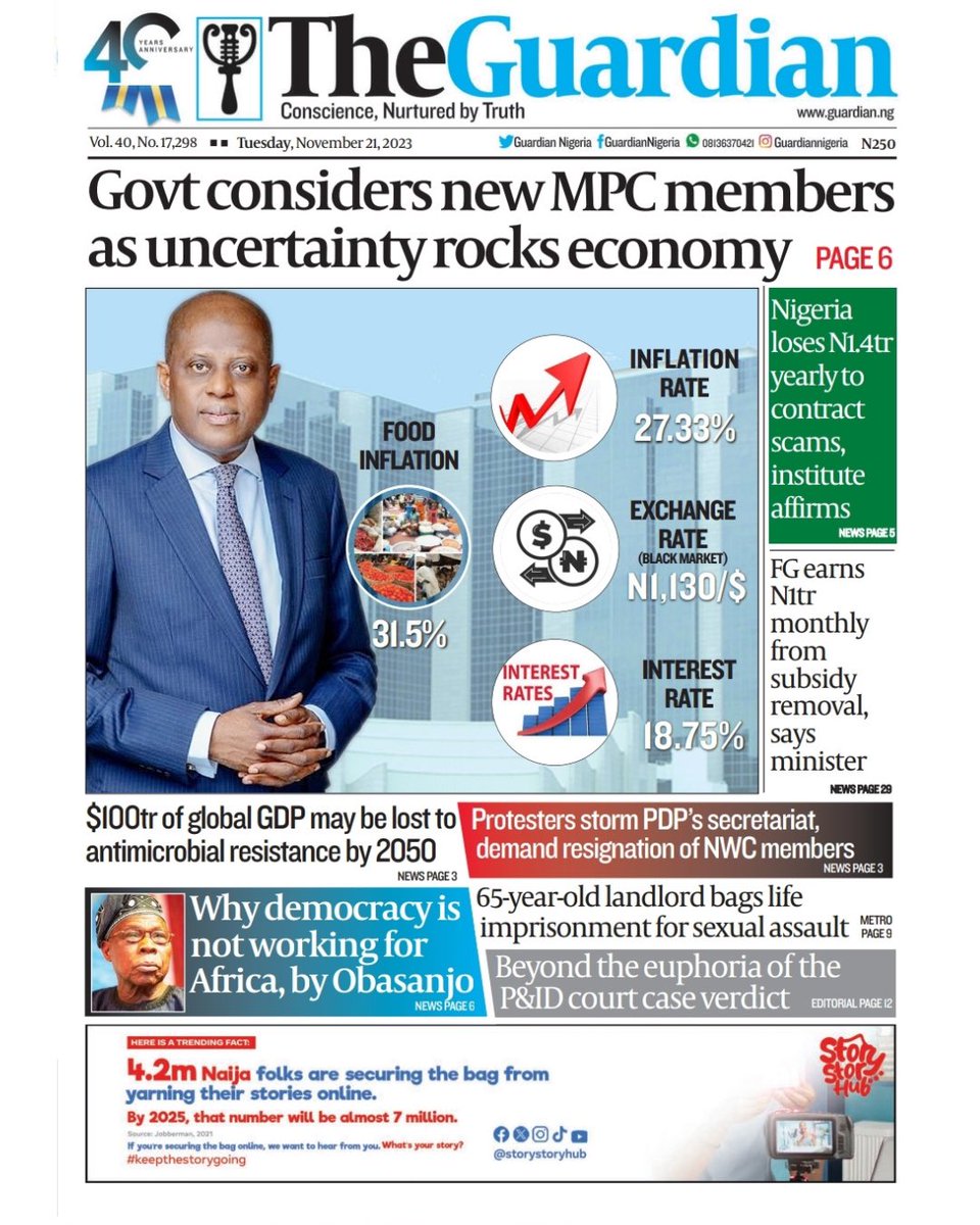 GuardianNigeria's tweet photo. These are the headlines in today’s edition of The Guardian.
Get The Guardian on the newsstands for the latest in world news, sports, and in-depth analysis. ⁣
Visit https://t.co/EiKkmggTy3 for more.

#CBN #MPC #ContractScam #Democracy #Obasanjo #Subsidy #Protest #PDPNWC #BreakingNews #Nigeria #Nigerians