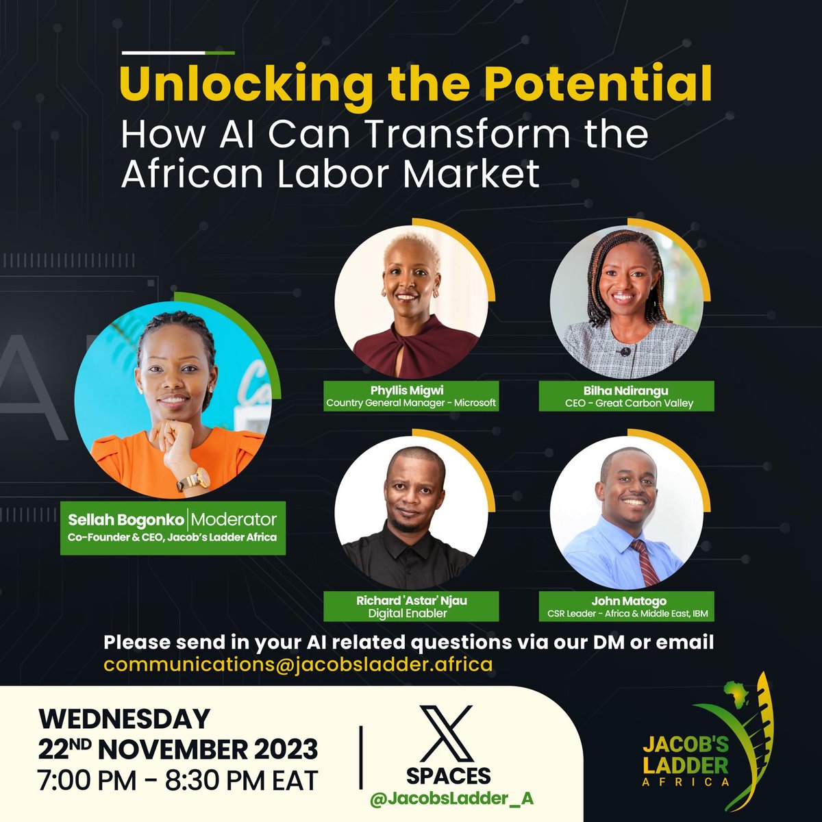 🎙️✨ Exciting news! Join us LIVE on X space (@JacobsLadder_A) this Wednesday at 7 pm! 🌐💡 Our expert speakers, Phyllis Migwi, Bilha Ndirangu, Richard Njau and John Matogo, led by moderator Sellah Bogonko, HSC, will delve into the limitless Potential of AI in the African Labor Market. 🌍🚀 Save the date, share your insights, and let's spark a dynamic conversation! 🔗💬 Set a reminder now: [https://x.com/JacobsLadder_A/status/1726567185206898837?s=20] #AIAfrica #FutureOfWork #JoinTheDiscussion 

@wawendo @Bilha_Ndirangu @astarthelight @jmatogo @Sellahb 
