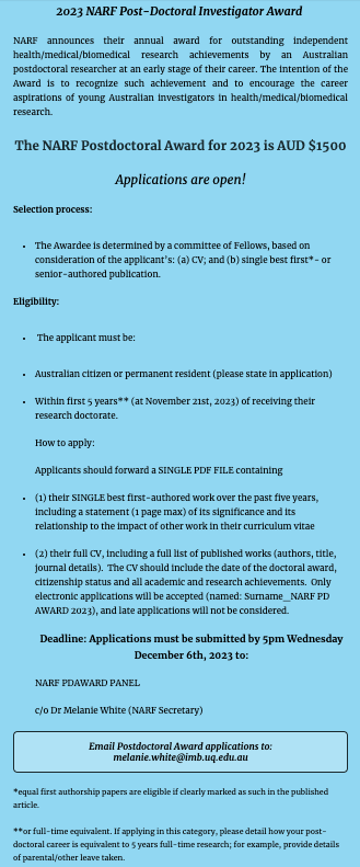 National Association Research Fellows (@fellowsnational) on Twitter photo Its that time of year again!
Applications for the NARF Postdoctoral Investigator Award are open, please apply and share.
#EMCR #biomedicalresearch
Applications to be emailed to melanie.white@imb.uq.edu.au
by deadline of 06-12-2023 Its that time of year again!
Applications for the NARF Postdoctoral Investigator Award are open, please apply and share.
#EMCR #biomedicalresearch
Applications to be emailed to melanie.white@imb.uq.edu.au
by deadline of 06-12-2023