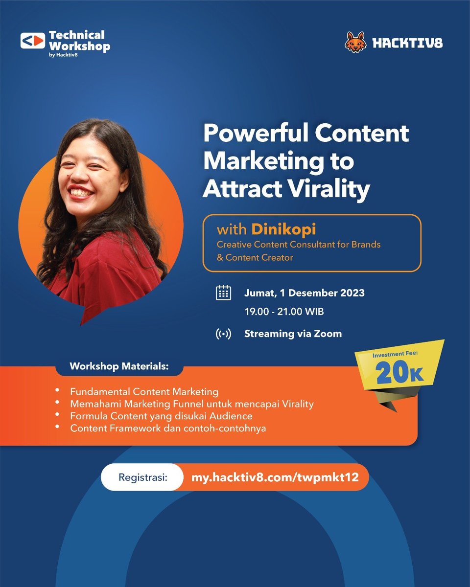 dinikopi13's tweet photo. Cuma Rp 20k aja udah bisa belajar Content Marketing sama aku, kita akan bahas soal:
✅ Fundamental Content Marketing
✅ Content Framework beserta contoh-contohnya

Jumat, 1 Desember 2023
19.00 - 21.00 WIB
Registrasi di: https://t.co/817QqSf05k https://t.co/JsB0DtEOb1