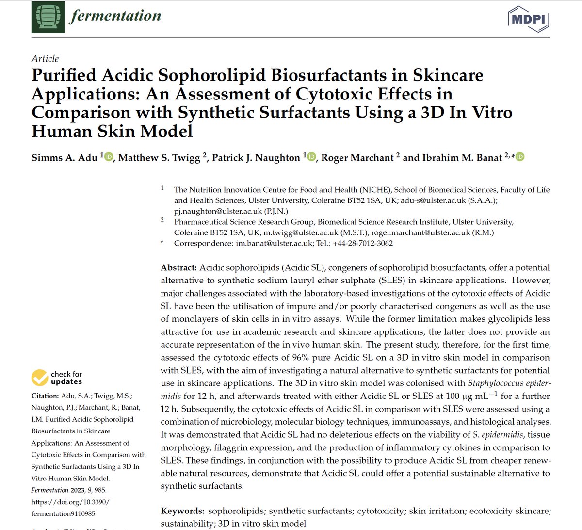 More than delighted to share our latest publication on using a 3D in-vitro human skin model to assess the cytotoxic effects of Purified Acidic #Sophorolipid #Biosurfactants for potential use in #skincare applications.