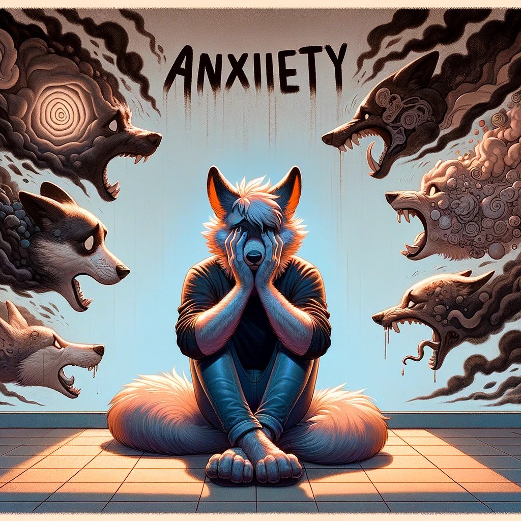 Frame_Zom's tweet photo. En el laberinto de mi mente, sombras mienten, gritos mudos en el viento,  ansiedad, mi cruel tormento. #MentalHealth #AnxietyAwareness #ArtTherapy #furry #ai https://t.co/7mLtRwEMmM
