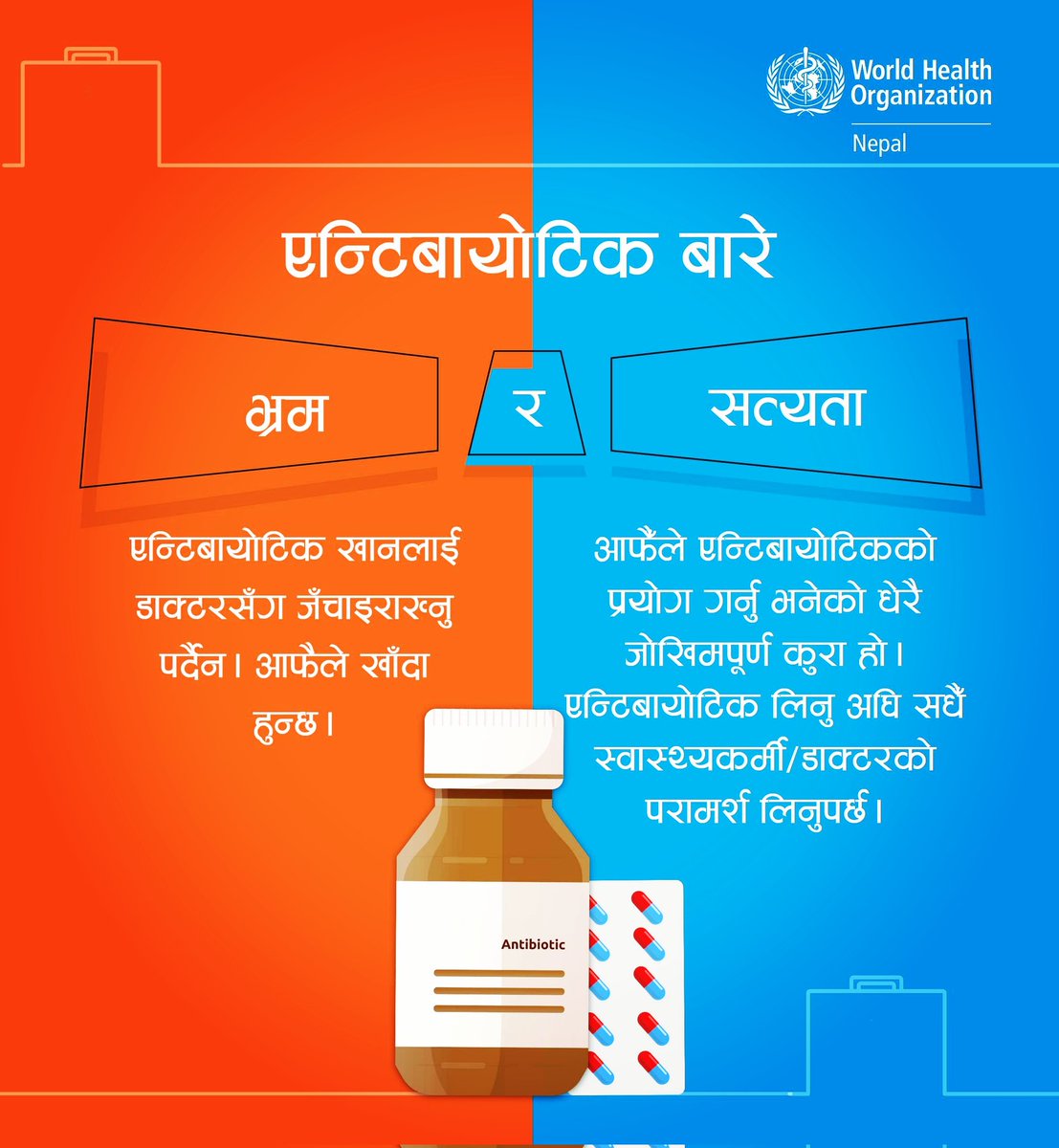 NotiPostNepal's tweet photo. एन्टिबायोटिकको दुरुपयोग नगरौँ। डाक्टरको सल्लाह लिएर मात्र प्रयोग गरौँ।
#WHONepal #WAAW #MOHP #HEOC #PublicAwareness #Awareness #MiteriSaino #miterisainox #miterisainohealthupdate https://t.co/kAVFmGfOgr
